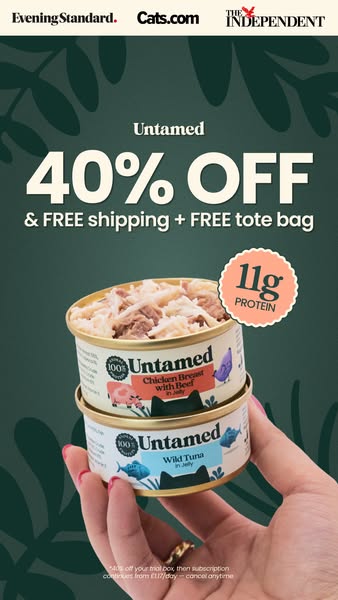 This ad for Untamed cat food offers a 40% discount, free shipping, and a free tote bag. It highlights two varieties of c