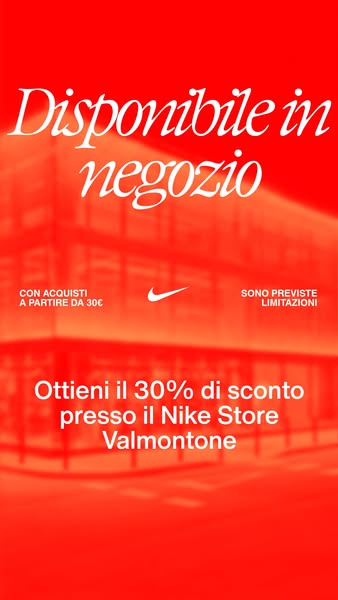 The ad promotes a 30% discount at the Nike Store Valmontone with a minimum purchase of 30 euros, subject to limitations.