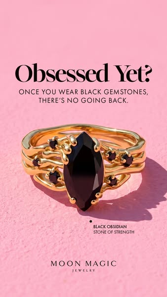This ad features a close-up shot of a gold ring set with a large marquise-cut black obsidian stone, accompanied by text 