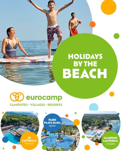This Eurocamp image ad promotes holidays by the beach, featuring an active family enjoying water activities and showcasi