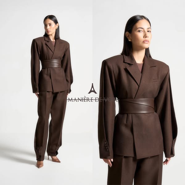 This ad showcases a brown suit with a wide belt from Manière De Voir. The ad features a model wearing the suit in two di
