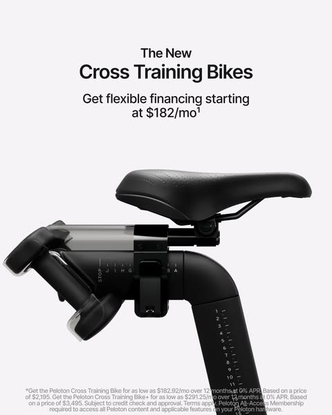 This ad showcases the new Peloton Cross Training Bikes, highlighting their flexible financing options. It features a clo