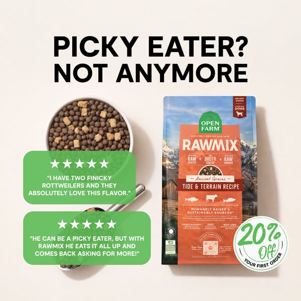 This image ad for Open Farm Rawmix dog food presents testimonials from pet owners with picky dogs and is designed to hig