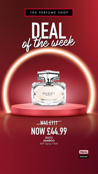 This image ad for The Perfume Shop promotes Gucci Bamboo EDT Spray 75ml as the 'Deal of the Week.' It highlights