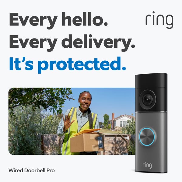This Ring ad highlights the peace of mind the Wired Doorbell Pro offers for every hello and delivery. The ad shows a del