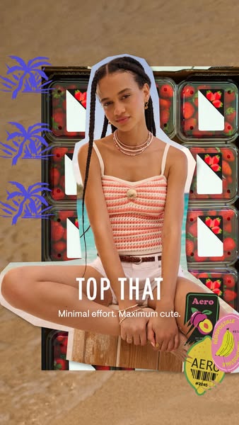 This image ad promotes Aeropostale tops, showcasing a young woman wearing a peach and white tank top. The ad uses playfu