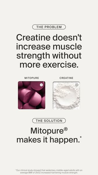 This ad highlights how Mitopure works to increase muscle strength, even without added exercise. It presents the problem 
