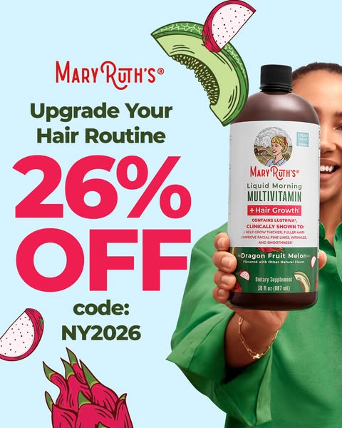 This image ad promotes Mary Ruth's Liquid Morning Multivitamin with a focus on hair growth benefits. It features a d