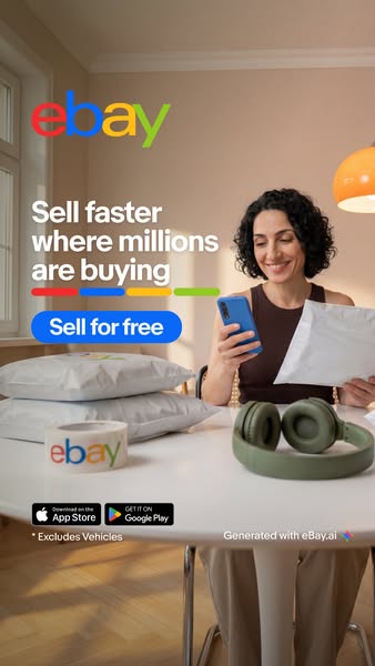 This image ad promotes selling on eBay, highlighting benefits like faster sales and the ability to sell for free. It fea