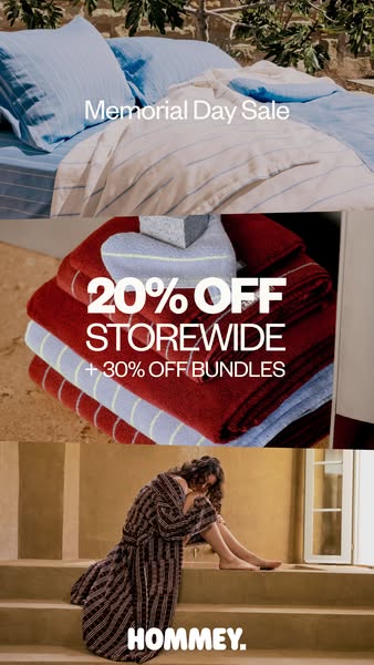 This image ad for Hommey uses a triptych layout to showcase the brand's bedding, towels, and robes. The ad highlight