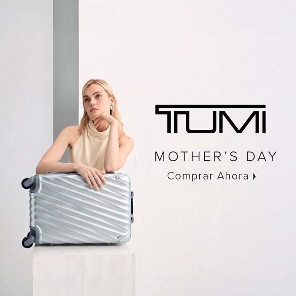 This image ad promotes Tumi luggage for Mother's Day and entices customers to shop now.