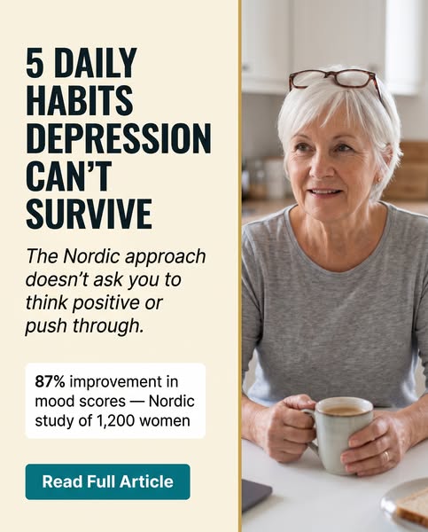 This ad promotes a Nordic approach to managing depression through daily habits. It features an image of an older woman i