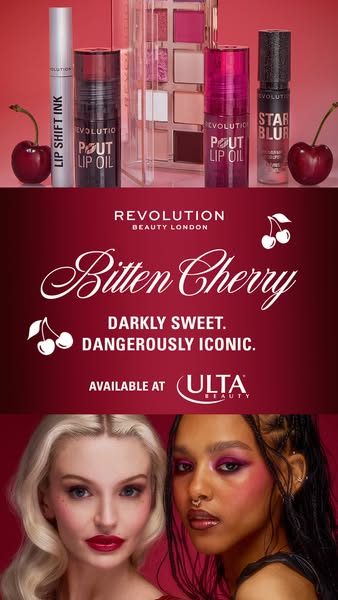 This ad for Revolution Beauty promotes their "Bitten Cherry" collection, highlighting products like Lip Shift 