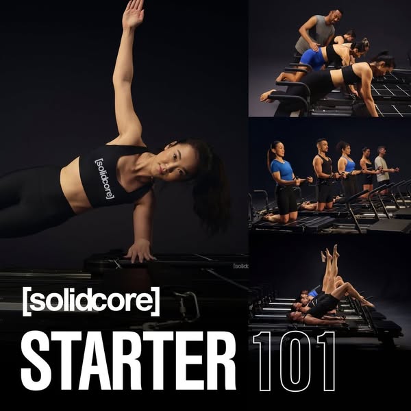This image ad for [solidcore] promotes their Starter 101 class. The ad features a collage of images showing people of va