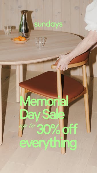 This image ad for sundays advertises their memorial day sale with up to 30% off everything. The ad features a table sett
