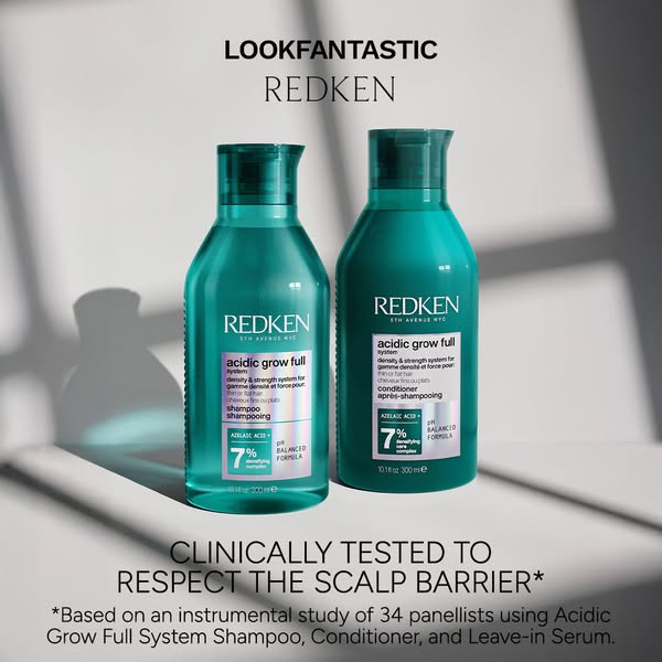 This ad features two Redken Acidic Grow Full haircare bottles and promotes the system's clinical testing in respecti