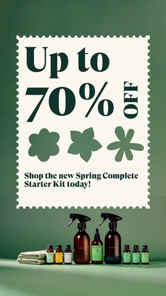 This image ad promotes a Spring Complete Starter Kit with up to 70% off. The ad features an arrangement of cleaning prod