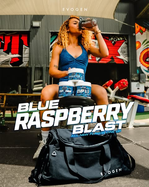 This ad features an athletic woman drinking from a bottle while seated on a workout bench with three Evogen supplement c