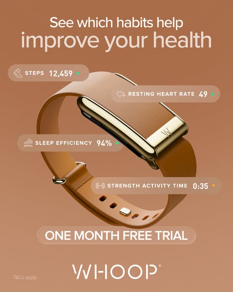 This ad is for the WHOOP fitness tracker. The ad showcases the sleek design of the tracker, along with several key metri