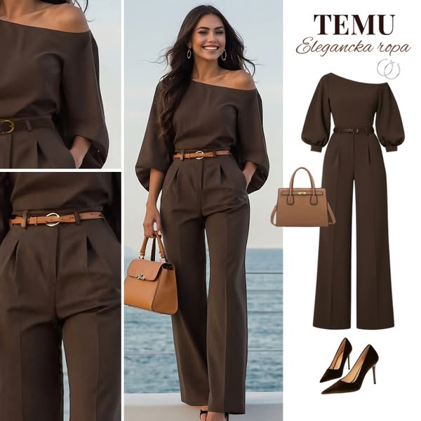 This ad for TEMU showcases a brown jumpsuit worn by a woman. The ad shows the outfit from multiple angles, and also pres