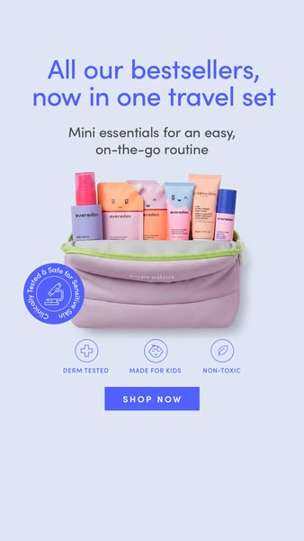 This image ad promotes a travel set of best-selling skincare products by Evereden, emphasizing their suitability for on-