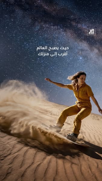 An advertisement by a brand called "Al Alali" shows a woman sandboarding in the desert under a starry night sk