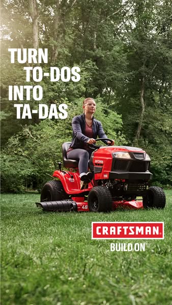 This ad features a woman riding a red Craftsman riding lawn mower on a green lawn. The ad promotes the idea of transform