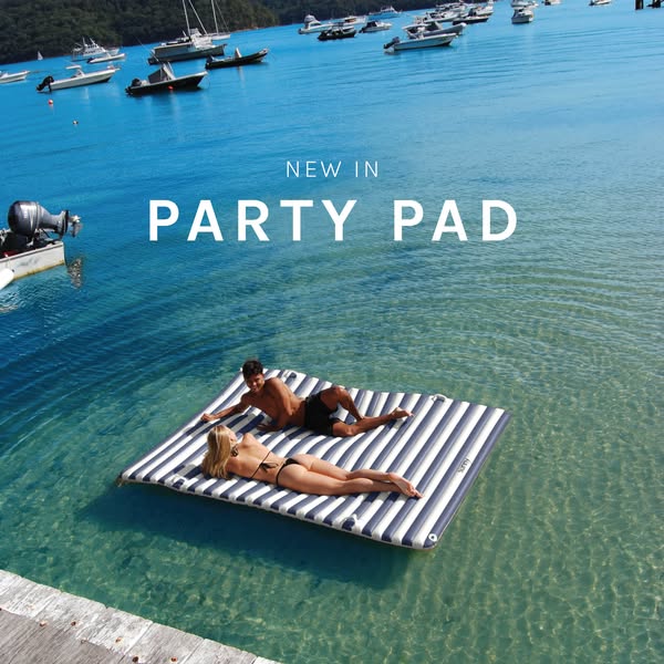 This ad showcases a large inflatable floating pad designed for use in the water. It features a couple relaxing on the pa