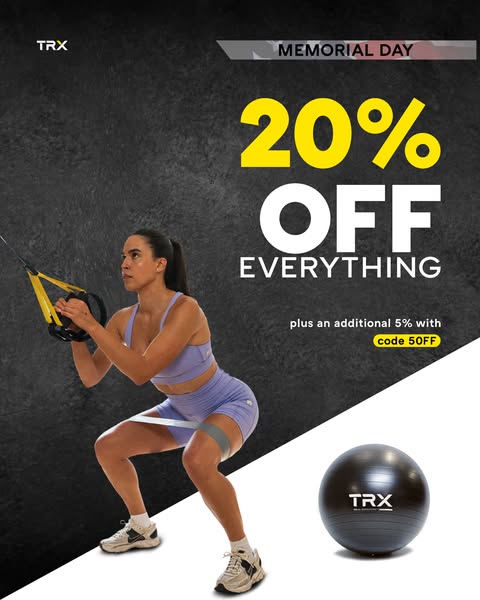 This image promotes TRX fitness equipment through a Memorial Day sale. It features a woman working out with TRX suspensi