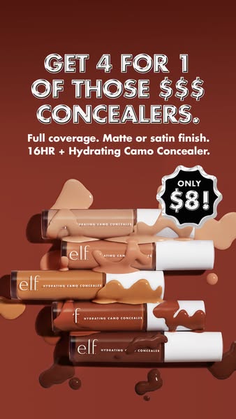 This image ad is promoting a special offer from e.l.f. Cosmetics: Buy four concealers for the price of one. The ad featu