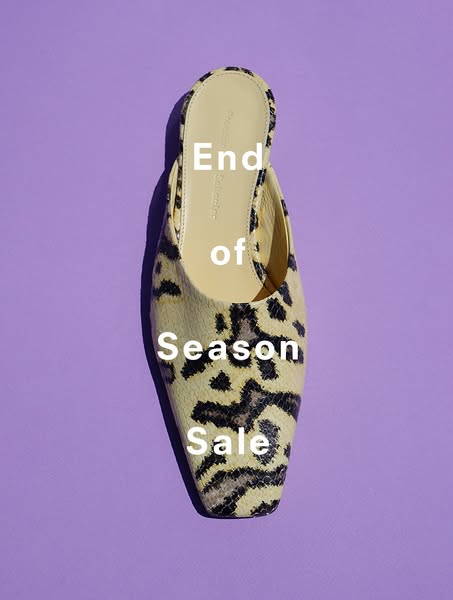 This ad features a close-up shot of a single mule shoe against a purple background. The text overlay promotes an 'En