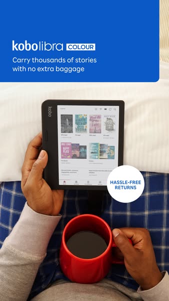 This ad showcases the Kobo Libra Colour e-reader in a relaxed setting, emphasizing its ability to store thousands of sto