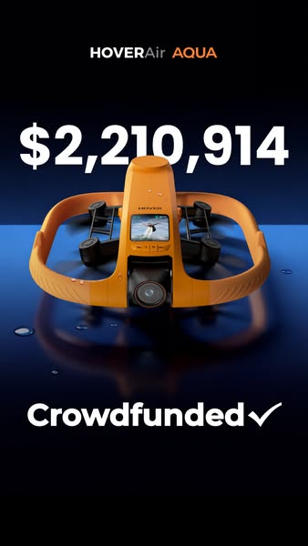 This ad is for the HoverAir Aqua drone, an orange drone that can fly over water. The screen on the drone shows a surfer 