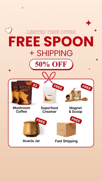 This image ad promotes a limited time offer by RYZE with discounts and free items on a variety of mushroom-based product