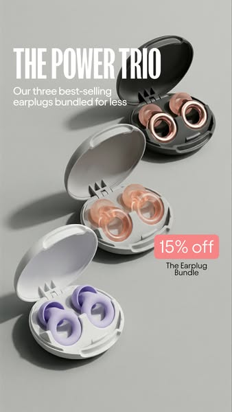 An image ad displaying a trio of earplugs in their containers, promoting a 15% off bundle.