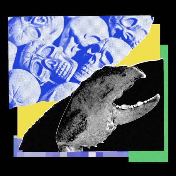 This ad features a vibrant, abstract design combining elements of skulls and a crab claw, set against contrasting geomet