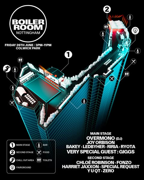 This ad is for the Boiler Room event in Nottingham on Friday, June 26th. The ad includes a map of the venue and a list o