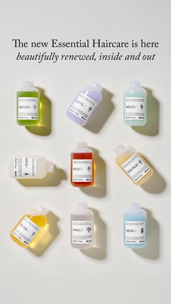 An image ad for Davines Essential Haircare line featuring multiple bottles of product. The ad highlights that the produc