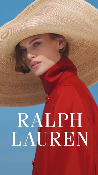 This ad features a woman in a large brimmed straw hat and red top, against a blue background, with the Ralph Lauren bran
