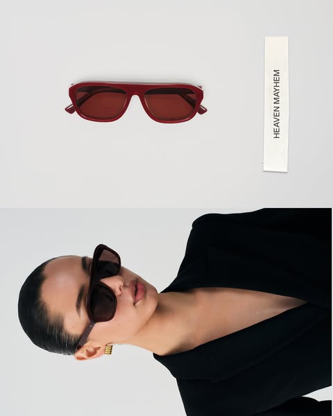 This ad shows a pair of Heaven Mayhem sunglasses, displayed flat against a white background and also being worn by a mod