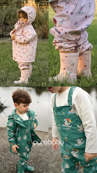 A grid-layout image promoting Purebaby’s collection of rainwear for children. The image features two children wearing ra