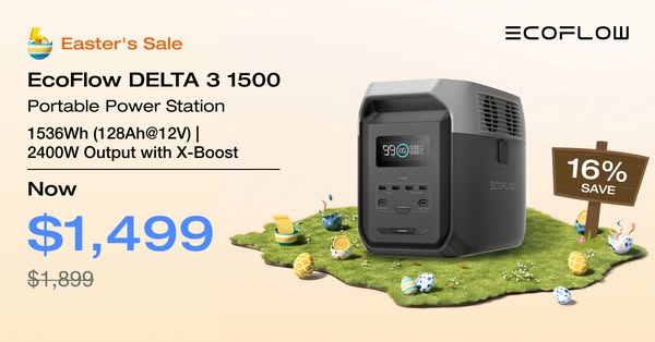 This image ad promotes the EcoFlow DELTA 3 1500 Portable Power Station during an Easter's Sale. It highlights the pr