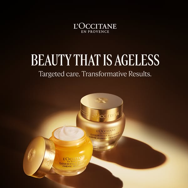 This ad for L'Occitane features two skincare products and highlights the brand's positioning around timeless bea