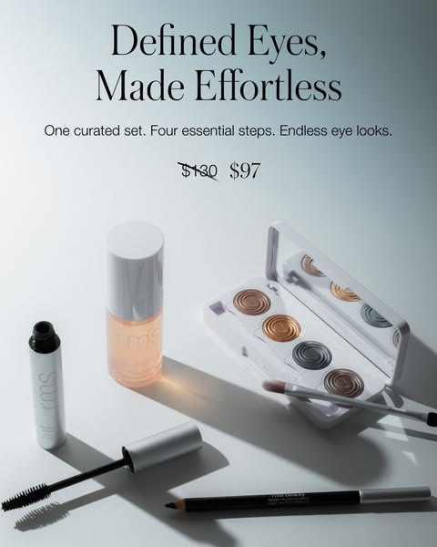 This ad is for a curated eye makeup set. The image features all of the products laid out and the ad copy highlights that