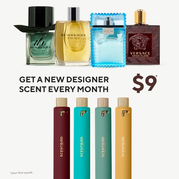This ad promotes Scentbird, a service offering monthly designer scents for a subscription price. The ad features four de