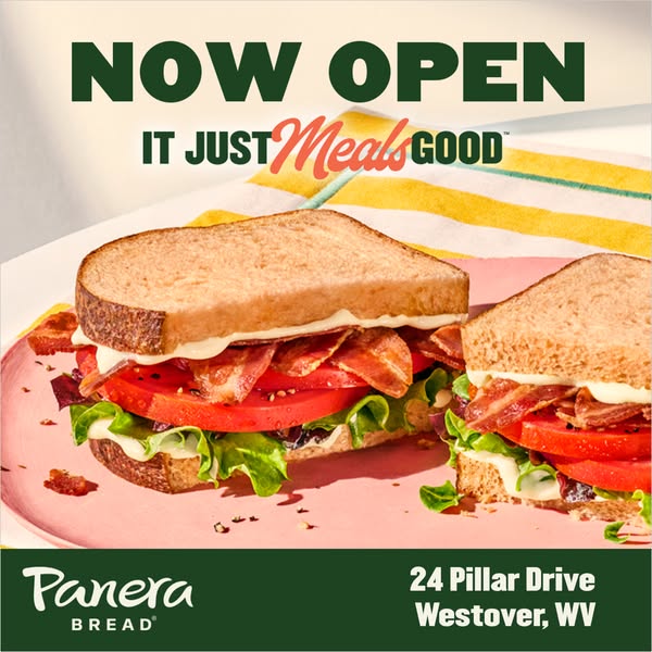 This image ad announces the opening of a new Panera Bread location. The ad uses an image of a sandwich on a pink plate a