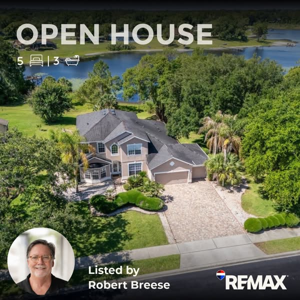 This is a real estate ad for an open house. It features a drone shot of the house with overlaid text advertising an open