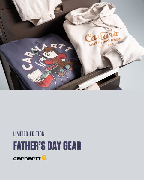 This image ad for Carhartt promotes the brand's limited-edition Father's Day gear. It features clothing items li