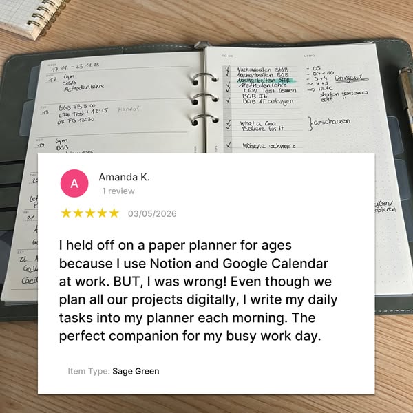 This image ad presents a positive customer testimonial of a paper planner product. The review emphasizes the unexpected 
