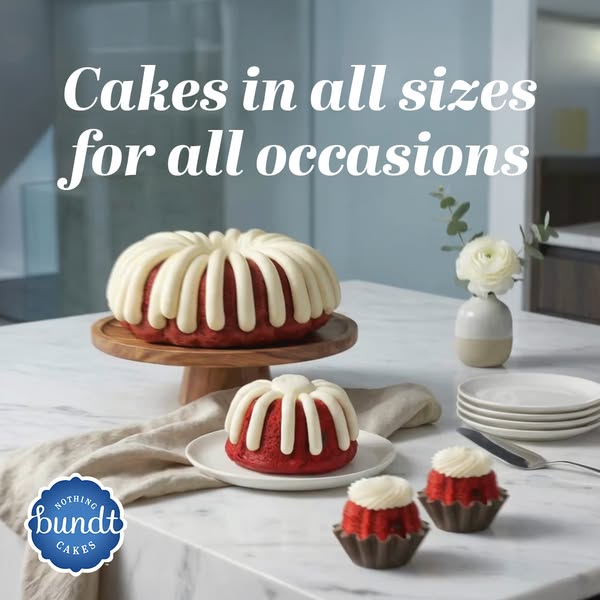 This image ad for Nothing Bundt Cakes showcases the brand's various bundt cake sizes and emphasizes their suitabilit